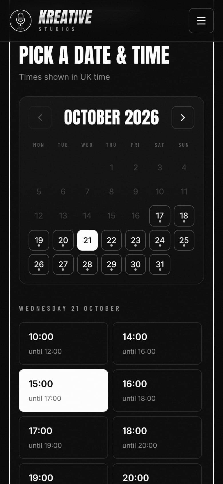 The booking calendar with a date and a start time picked