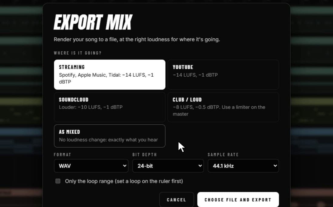 Export Mix with loudness targets for streaming, YouTube, SoundCloud and the club