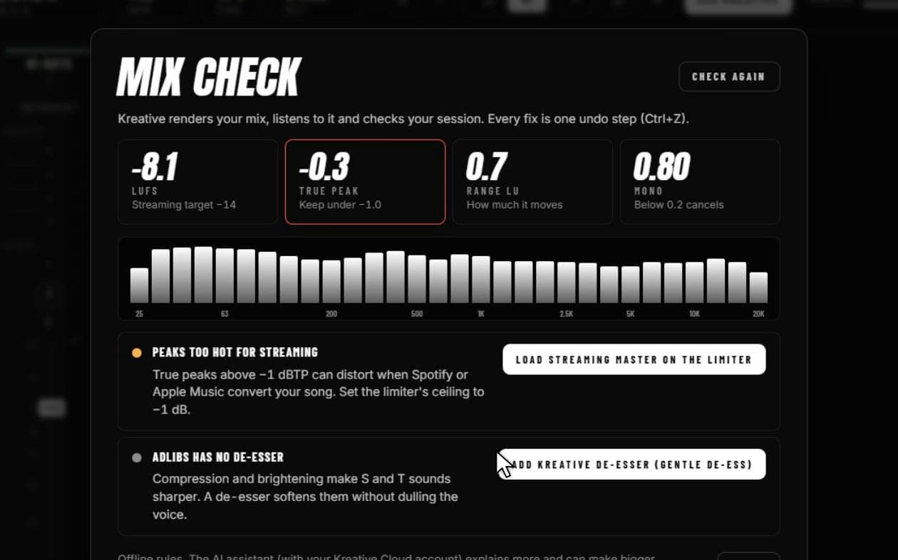 Mix Check showing loudness, true peak and two fixes, each one click